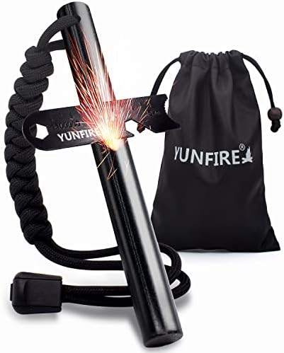 Fire Starter-5" x 1/2" Thick Ferro Rod with Multi-Tool Striker & Type 550 Paracord, 25,000+ Strikes, Drilled Flint Fire Steel for Emergency Survival, Camping, Hiking (Black)