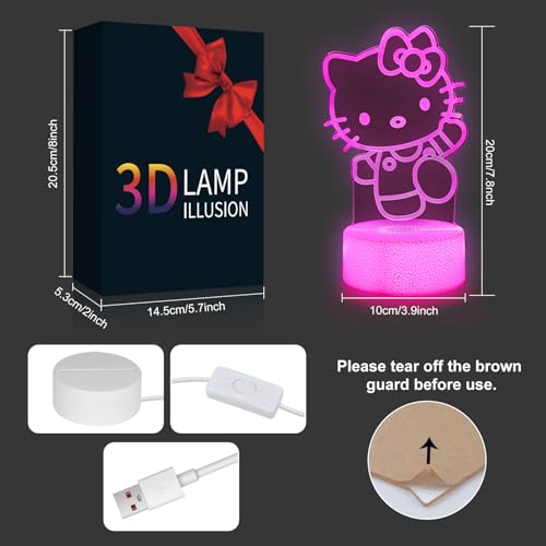 Image of sunduck Pink Kawaii Kitty 3D Night Light with Corded Control- Dreamy Girls Room Decor, Perfect Birthday /Christmas Gift for Kids, Unique Holiday Present