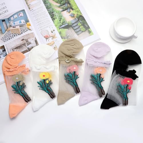 5 Pairs Sheer Ankle Socks, Thin Mesh Ruffle Lace Socks for Women Girls4