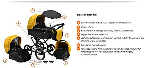 SKYLINE Klassisch Retro Stil Wicker LUX Kombi-Kinderwagen Buggy 3in1 Reise System Autositz (Isofix) (Morning Cream/14 "Räder)