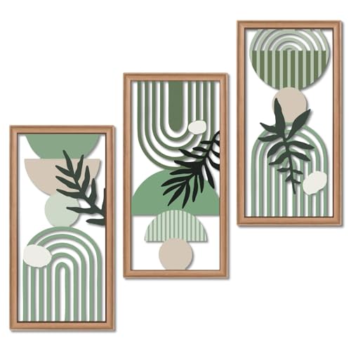 Putuo Decor Boho Wall Art Set of 3, Green Botanical Wooden Wall Decor, Abstract Aesthetic Room...