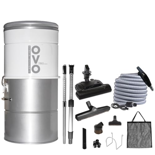 OVO 750 Airwatts Heavy Duty Powerful Central Vacuum System, Hybrid Filtration (with or Without Disposable Bags) 25L or 6.6Gal, 35ft Carpet Deluxe Accessory kit Included