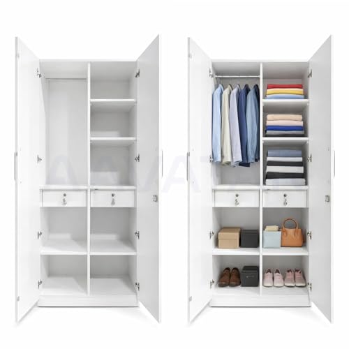Image of AAVATAR 2-Door Wood Wardrobe with Shelves and Hanging Space for Bedroom, Wood Wardrobe for Clothes, 2 Door Wardrobe Without Mirror (Colour - White, Size 75 X 30 X 19 Inch)