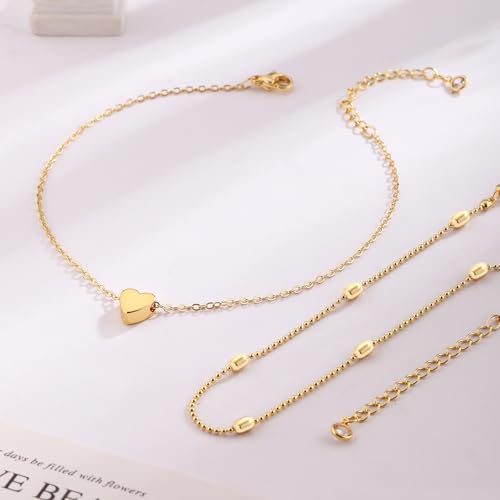 Image of 2 /3 PCS Gold Anklets for Women Waterproof Cuban Link Anklet Beaded Bracelets Stackable Bracelets 14K Gold Plated Custom Jewelry Gifts Non Tarnish Lightweight