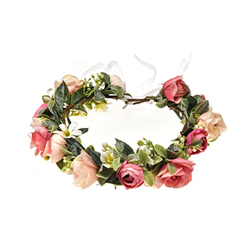DreamLily Rustic Hippie Rose Crown Wreath Wedding Festival Floral Headpiece Flower Girl Headband DFS24 (Fuchsia)
