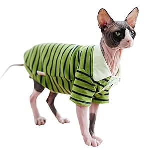 Sphynx Cat Shirt Cotton Hairless Kitten Polo T-Shirt with Sleeves Pullover Cat Pajamas for Sphynx Cornish Rex, Devon Rex, Peterbald (Green Black Polo, X-Large)