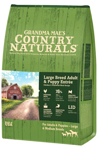 Grandma Mae’s Country Naturals Dry Dog Food, Large Breed Formula, Chicken, Fish & Brown Rice, Slow Cooked & Nutrient Dense, Made in USA, 14 LB Bag