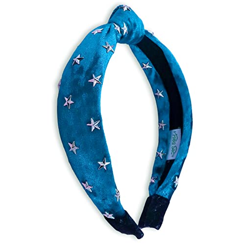 FROG SAC Star Studded Headband for Girls, Blue Knotted Headbands for Kids, Cute Stud Head Bands, Little Girl Velvet Hair Accessories, Silver Metal Stars Hairband, No Slip Fashion Head Band