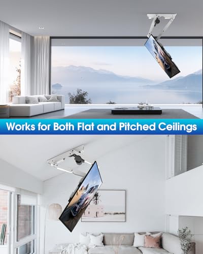 Image of Electric Ceiling TV Mount with Remote for 32-70 inch Flat Curved Screen TVs, Motorized Flip Down Ceiling Mount for Flat and Pitched Roof Indoor Outdoor, Drop Down VESA Mount Bracket, White