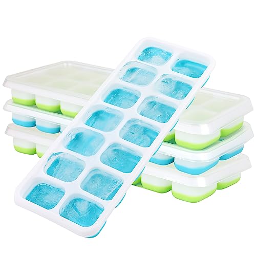 4 Vaschette Per Cubetti Di Ghiaccio In Silicone Con Coperchio, 14 Scomparti, Certificato LFGB, Senza BPA, Blu/verde, Impilabili