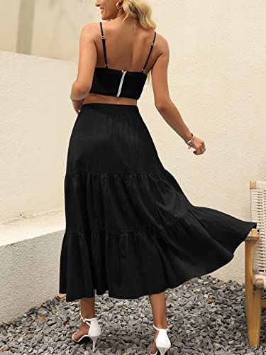 Anrabess Women’S Summer Boho Flowy Swing Tiered A-Line Midi Skirt 2024 Fashion Trendy Elastic Waist Pleated Long Beach Dress With Pockets Black Large thumb #5