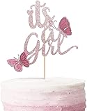 New Double Sided Rose Gold It's A Girl with Butterfly Cake Topper Baby Shower Cake Topper with 3d Handmade Butterfly for Baby Girl Baby Shower Party Decorations(double sided glitter)