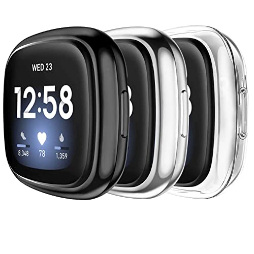 Amzpas [3 Pack] Compatible with Fitbit Sense/Fitbit Versa 3 Screen Protector Case Soft TPU Full Around Cover for Fitbit Versa 3 / Sense Smartwatch (black silver clear)