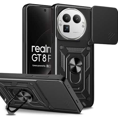 Image of AESTMO Tough Armor Realme GT 8 Pro 5G Bumper Back Case Cover | Ring Holder & Sliding Camera Shield Cover | 360 Degree Protection Back Case Cover for Realme GT 8 Pro 5G (Black)