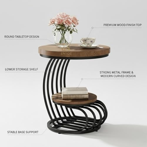Image of Modern Marble Side Table with Metal Frame | Luxury Round End Table with Storage Shelf for Living Room Coffee Table, Bedroom & Lounge (Walnut & Black)