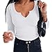 Roselux Women V Neck Ribbed Long Sleeve Shirt Fitted Basic Henley Knit Top White M