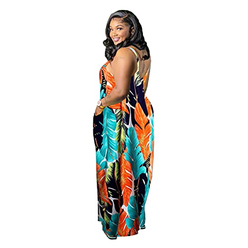 Image of BFFBABY Womens Summer Suspender Maxi Dress Plus Size Striped Printed Sleeveless with Pockets and Belt