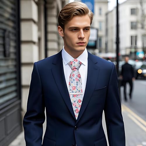 Image of YourTies Cotton Floral Tie for Men 2.5 inch Printed Skinny Necktie Pocket Square Tie Clip Set Flower Wedding Party Groom
