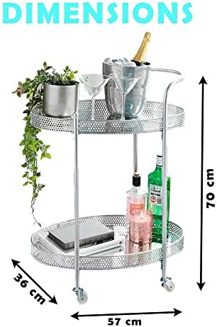 KHAPALWAK New Deco Glamour Drinks Trolley, Silver - Stylish Metal Serving Cart with 2 Glass Shelves, Mini Bars for Home, 2-Tier Deluxe Serving Cart for Living Room, Dining Room,(Silver, Round)