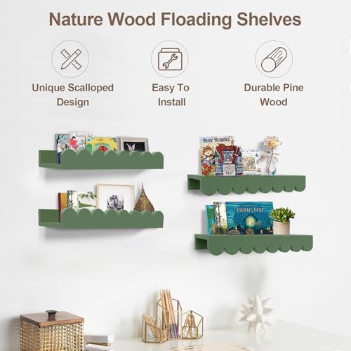 icnjdMopclean Scalloped Shelves for Nursery - Wall Book Shelves for Bedroom Kids, Nursery Bookshelf for Wall Set of 4, Floating Book Shelves Solid Wood,16 Inch, Sage