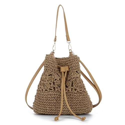 Image of EVEOUT Straw Crossbody Bag Women Summer Boho Chic Faux Raffia Woven Bucket Bag with Handle and Strap for Beach Holiday & Daily Use