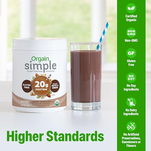 Image of Orgain Organic Simple Vegan Protein Powder,Chocolate-20g Plant Based Protein,Made with Less Ingredients,No Artificial Sweeteners,Gluten Free,No Dairy /Lactose,1.25 lb (Packaging May Vary) (Pack of 6)