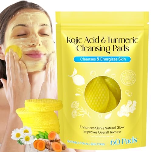 60 PCS Kojic Acid and Turmeric Cleansing Pads, Turmeric Cleansing Pads with VC, Deep Clean and Dark Spots for Cleansing and Exfoliating Facial Skincare