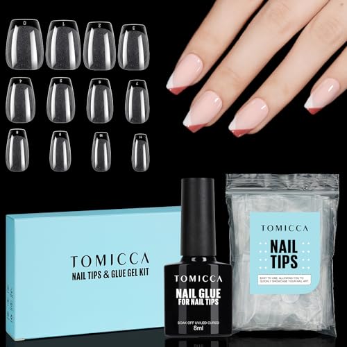 TOMICCA Ballerina, punte corte per unghie con colla per unghie, per unghie in gel, copertura completa, morbide e 8 ml, gel per unghie artificiali, salone fai da te, 150 pezzi, 15 misure