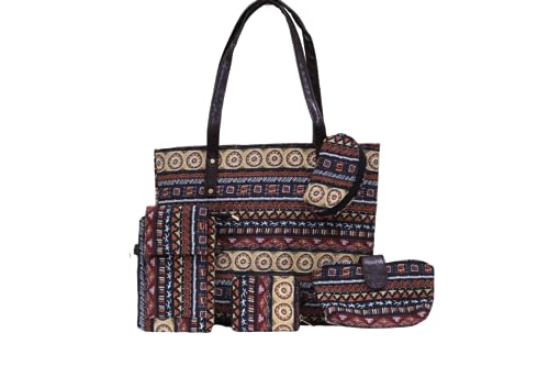 Image of P S Traders Online Women's Ladies Traditional Ikkat Cotton 5 Pieces Combo Bag Multicolor