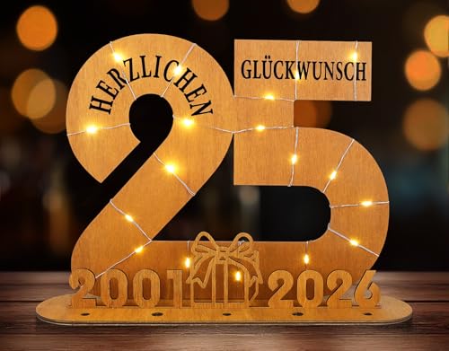 ARTREE 2026 Geldgeschenk 25. Geburtstag für Frau & Mann, Silberhochzeit Geldgeschenk aus Holz mit LED Lichterkette, Schild Gästebuch – Tischdeko & Geldgeschenk in einem, Jubiläum Geschenk