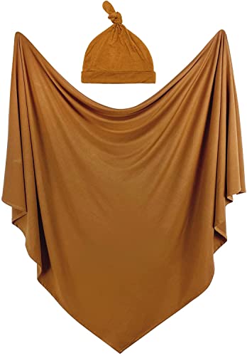 Image of iEvolve Cotton Knitted Baby Swaddle Blanket with Hat Headband Set Newborn Swaddle Wrap Receiving Blankets for Baby Girl Boy 35" x 35"(Ginger)