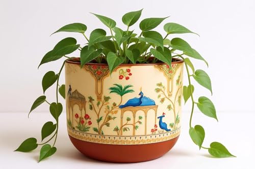 Image of Terracotta Planter - Premium Glass Coated Peacock Design Planters for Home Decor | Artistic Flower Pots for Garden & Indoor Plant Pot (Beige, Small)