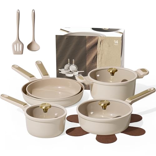 Image of CAROTE Ceramic Cookware Set Nonstick, 14pcs Pots and Pans Set Nonstick, Non-Toxic & PFAS-Free, Dishwasher, RV/Camping Cookware Set, Cooking Pots with Lids, Light Taupe