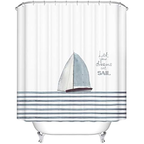HQPCAHL Shower Curtain Sailboat Pattern Shower Curtain Thicken Waterproof Mildew Shower Curtain Navy Blue Stripe Shading Partition Bathroom Curtains,W180*H200CM Cover