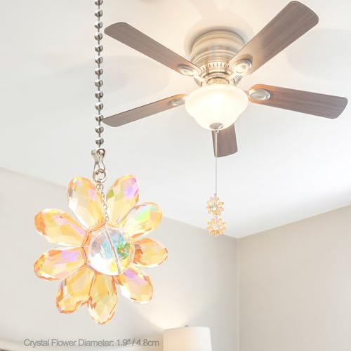 Image of LEFERS Ceiling Fan Pull Chain, 2 Pieces 1.8 inch Crystal Glass Flower Pendants with 24 inch Ceiling Fan Chain Extender and Connector (Gold)