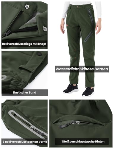 Rdruko Softshellhose Damen Winter Skihose Wasserdicht Thermohose Gefüttert Warm Winterhos Outdoorhose Wanderhose Trekkinghose mit Taschen (Rein Olivgrün, M)