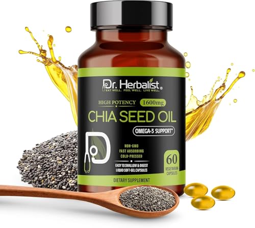 Image of Dr. HERBALIST Chia Seed Oil 1600mg Softgels - Plant-Based Superfood Supplement with Omega 3 Fatty Acids, Antioxidants & Natural Nutrients - 60 Capsules for Men & Women