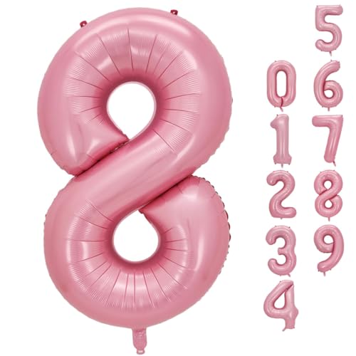 Azinoo 40 inch Pink 8 Number Balloons， Foil Number 0-9 Large Number for Birthday Party Supplies Decorations，Baby Showers, Princess Celebrations ，Women's Anniversaries, Pink 8