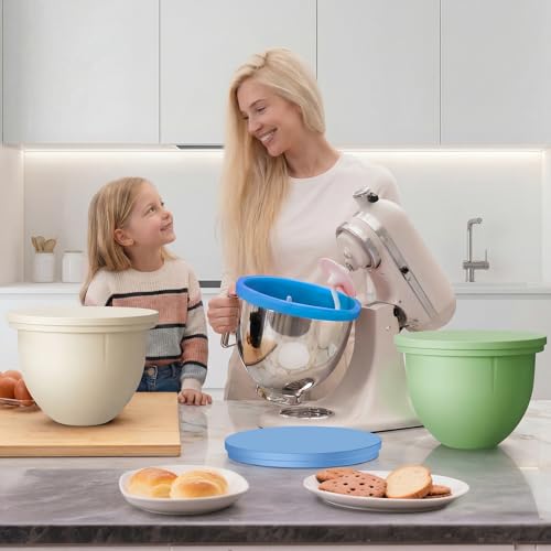 Image of GuanQiao Silicone Bowl Liners for 5 Qt KitchenAid Mixers, 3 Liners with Lids, Blue /Beige /Green