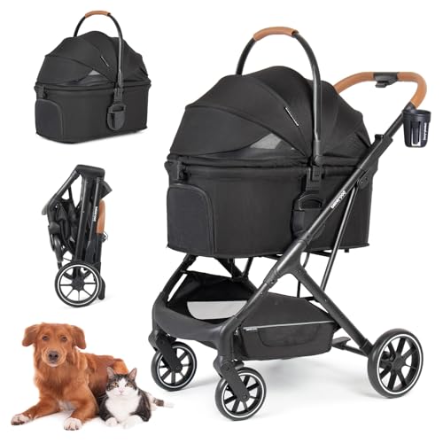 Image of T6 Luxury Pet Stroller for Medium Dogs Up to 66lbs or 2 Small Pets - 3-in-1 Dog & Cat Stroller with Removable Carrier, Foldable & Lightweight (Black)