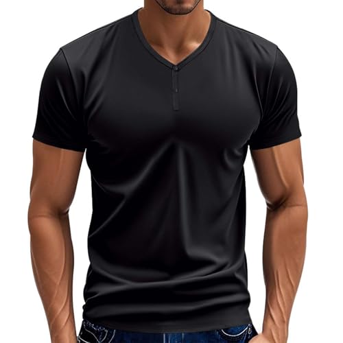 Moda para hombre Primavera e Casual Manga Corta Cuello en V Color sólido Camiseta Tops Camiseta Hombre Cremallera, Negro , 3XL