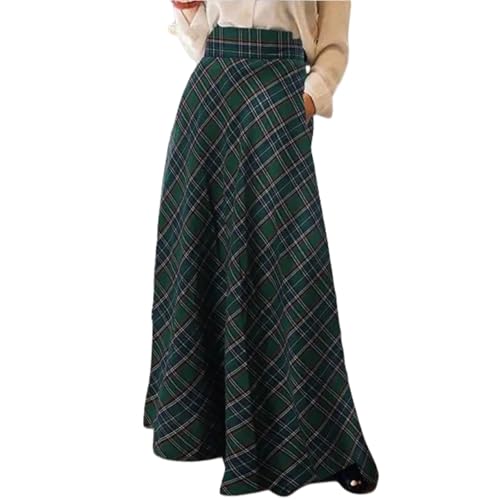 Damen Vintage Plaid Maxirock Hohe Taille Tartan Plissee A Linie Langer Rock Taille Volle Länge Maxikleid mit Taschen, grün, 4XL