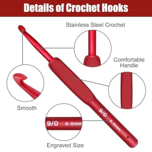 Image of VIRADHAM Ergonomic Crochet Hook Set, 9-Piece Soft Touch Aluminum Crochet Hooks (2.0-6.0mm), Red Knitting Needles for Arthritic Hands, Comfortable Grip Crochet Kit for Beginners & Professionals (9 Pcs RED)