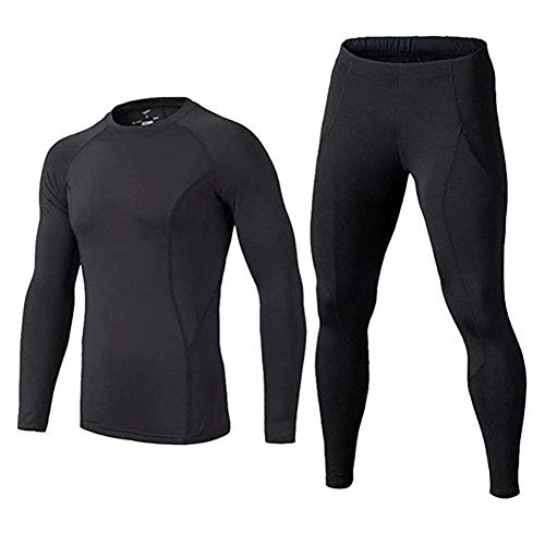 BUYKUD Men's Long Sleeve Base Layer Compression Athletic Underwear Shirt Tights Top & Bottom Set, Black, M(67-69 inch,130-154lb)