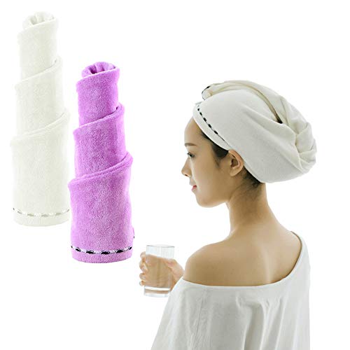 2 Pack Hair Towel Wrap, Bestgrass Hair Drying Towel with Button, Microfibre Hair Towel, Dry Hair Hat, Bath Hair Cap for Women Girls(White & Purple)