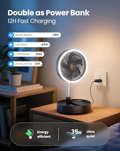 Gaiatop Portable Pedestal Fan 16000mAh Battery [Max 74h Runtime], Foldable Oscillating Standing Fan, Collapsible Desk Fans, LED Light, Case & Remote Control 4 Speeds for Outdoor Travel Camping (Black)