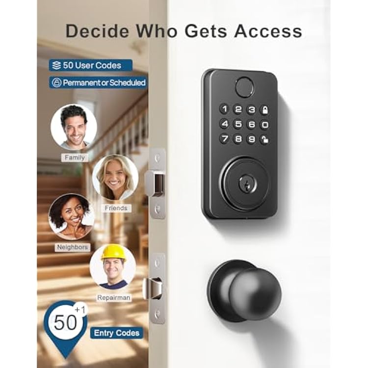 Fingerprint Door Lock with Handle, Smart Keyless Entry Door Lock with App, Stores 50 Fingerprints and 50 User Codes, IP65 Weatherproof Keypad Deadbolt for Front & Interior Doors, Auto-Lock, Black