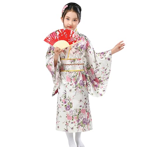 Generisch 2025 Niñas Vestido Tradicional Japonés Kimono Bata Para Niños Niñas Yukata Kimono Anime Cosplay Bata Body, Blanco, 9-10 años