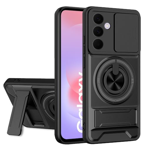 Image of AESTMO Samsung Galaxy A37 5G Back Cover | Armor Camera Slider 360 Degree Rotating Finger Ring Holder Case with Bracket Stand & Camera Protection Back Case Cover for Samsung Galaxy A37 5G (Black)