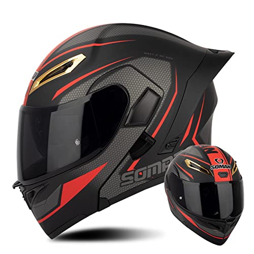 Casque Moto Double Visière Casque Moto Modulaire Adulte Casque de Moto Intégral Homologué ECE avec Pare-Soleil Noir/REVO, Casque Moto Modulable pour Femme et Homme - Noir Mat Rouge B,XL